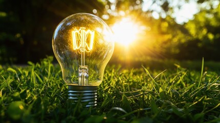 Light Bulb in Grass with Sunset