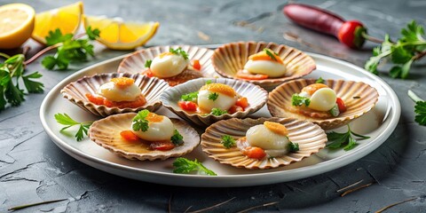 fresh scallops on a plate ready to eat , seafood, gourmet, delicacy, shellfish, ocean, sustainable, 