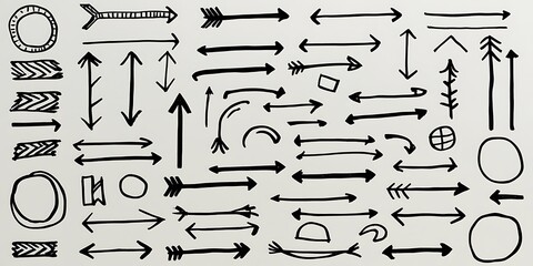 Collection of various hand-drawn arrows and shapes in black ink on a white background 