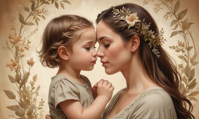 a tender moment between a mother and her child, with the mother’s face obscured by a design element, set against a backdrop of subtle earth tones and delicate botanical motifs