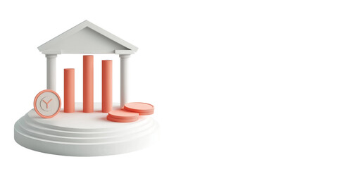 3D Render of a Bank Building with Bar Graph and Coins