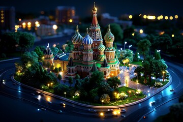 Wall Mural - A 3D St. Basil's Cathedral with soft glowing lights on the right, symbolizing the iconic architecture of Russia.