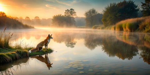 Wall Mural - Mist-covered pond at dawn with a silent fox watching from the shore , pond, mist, fog, dawn, tranquil, reeds, fox, wildlife