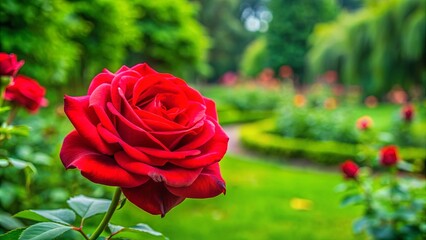 Canvas Print - Vibrant red rose blooming in a lush green park , nature, flower, park, beauty, vibrant, red, blossom, bloom, petals, garden