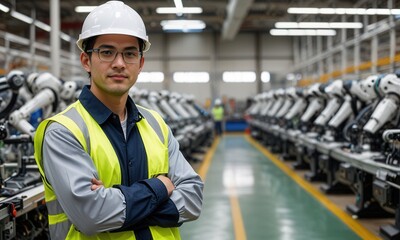 an engineer with crossed arms wearing a white hard hat and reflective vest inside an automobile manufacturing plant, with robotic assembly lines visible behind.