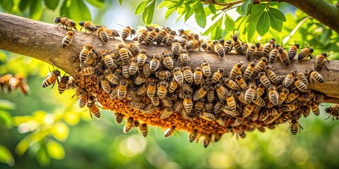 Wall Mural - Bees nestled in a tree branch , bees, nest, tree, branch, nature, wildlife, insects, hive, honey, pollination, garden