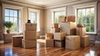 © Ole Studio - Cardboard boxes organized in an antique home for a move , vintage, relocation, packing, moving supplies