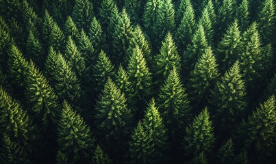 Aerial view of dense evergreen forest canopy with sunlight filtering through the branches.