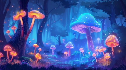 A fantasy forest with glowing mushrooms and fireflies.