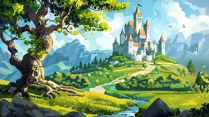 A cartoon illustration of a castle in a valley with a stream, trees and mountains in the background.