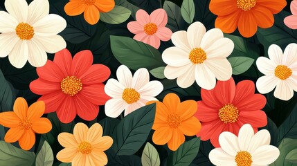 Poster - Discover a charming seamless pattern featuring handdrawn dahlia flowers in a playful cartoon style with textured details.