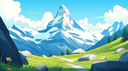 Poster - Experience a stunning panorama of a majestic peak, illustrated in a modern, textural, cartoon style that captivates.