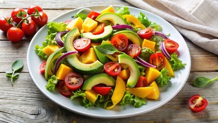 Fresh vegetarian salad with avocado tomato and multi colored peppers on a white plate, vegetarian, salad, avocado, tomato