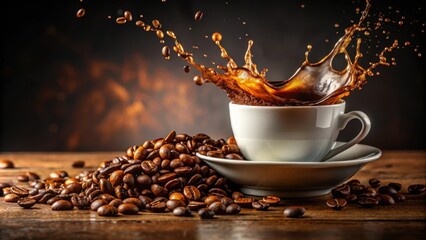 Cup of coffee with coffee beans and splash, coffee, cup, beans, splash, drink, beverage, aroma, hot, morning, caffeine