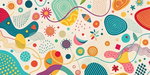 Playful and whimsical pattern of colorful abstract shapes and lines on a light background, colorful, abstract