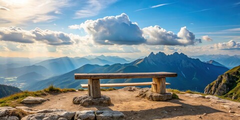 Wall Mural - Raw wooden bench on a mountain summit, bench, wood, mountain, nature, landscape, scenery, outdoor, serene, peaceful