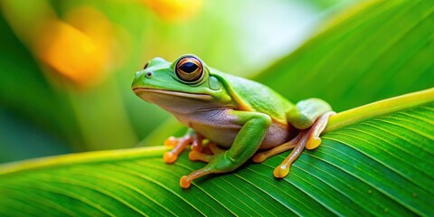 Green frog sitting on a vibrant leaf, frog, green, leaf, nature, wildlife, amphibian, sitting, vibrant, colorful