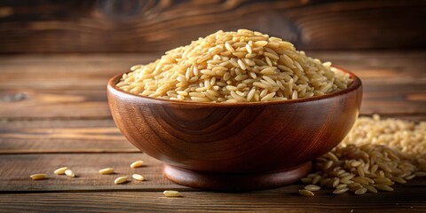 Long grain brown rice in a brown bowl on a plain studio lighting background, food, cooking, healthy