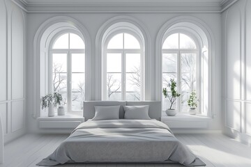 Large spacious bright bedroom interior with a grey double bed in a monochromatic white room with two arched view windows. 3d Rendering.