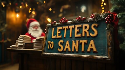 Wall Mural - A sign that reads “LETTERS TO SANTA” - Christmas - Santa is reading letters from children in blurred background - festive - North Pole - holiday - Santa’s workshop 