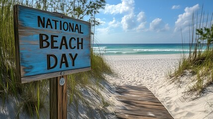 Wall Mural - A sign that reads “NATIONAL BEACH DAY” - A boardwalk leads to a pristine beach with blue-green water and white sand - holiday recognition - August - coast - Vacation - getaway 