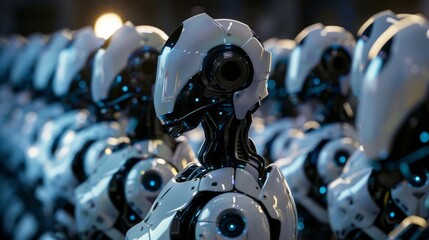 Poster - Futuristic cinematic ai robot workforce in a high-tech environment - digital illustration of advanced robotics operating in a modern industrial setting, perfect for technology, automation, and artific