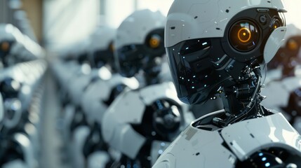 Poster - Futuristic cinematic ai robot workforce in a high-tech environment - digital illustration of advanced robotics operating in a modern industrial setting, perfect for technology, automation, and artific