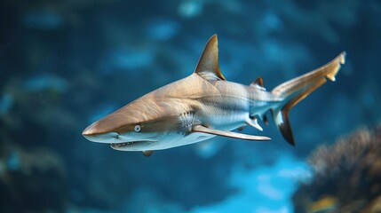 A brown shark swimming under water.