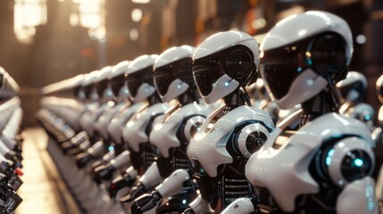 Poster - Futuristic cinematic ai robot workforce in a high-tech environment - digital illustration of advanced robotics operating in a modern industrial setting, perfect for technology, automation, and artific