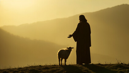 Shepherd Jesus Christ Taking Care of Missing Lamb. Warm Toned Soft Picture