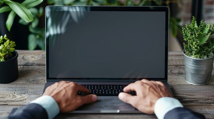 Poster - Close-up view of male hands typing on laptop with blank screen, ideal mock-up for website design, online presentations, or digital content creation, offering ample copy space for text or branding, per