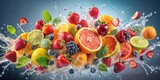 Colorful fruits exploding in mid-air with water splashes, fruits, explosion, splash, water, colorful, vibrant, fresh, juice