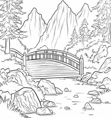 Wall Mural - Coloring page for kids, featuring a Japanese bridge in a forest setting with mountains and rocks in the background