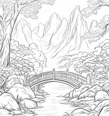 Wall Mural - Coloring page for kids, featuring a Japanese bridge in a forest setting with mountains and rocks in the background