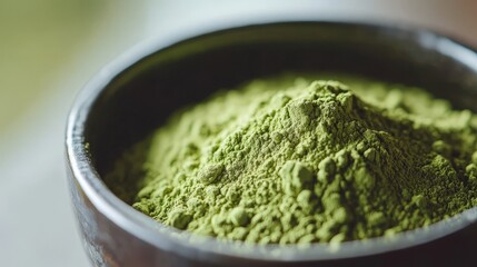 A close-up shot of finely ground matcha green tea powder in a wooden bowl, symbolizing purity, health, and natural goodness. The vibrant green color represents vitality and energy.