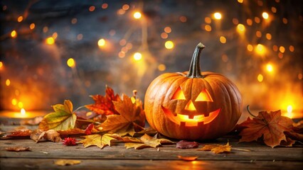 Wall Mural - Spooky Halloween background featuring a glowing pumpkin surrounded by autumn leaves , Halloween, background, pumpkin