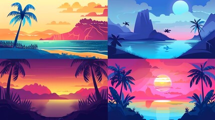 Wall Mural - A set of four illustrations depicting a beach scene.