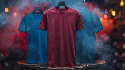 mock up 3d maroon t-shirt on podium, black background with light smoke