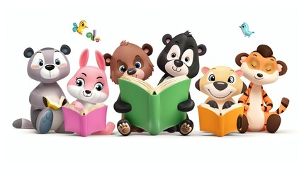 Wall Mural - A group of cartoon animals reading books together.