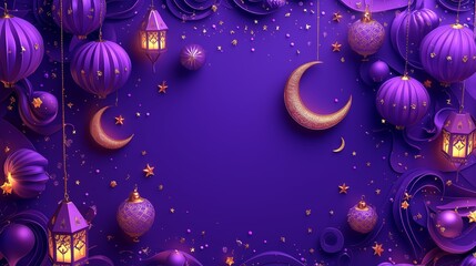 Wall Mural - Crescent moons and lanterns surrounded by festive ornaments on a rich purple background, creating a luxurious and celebratory scene.