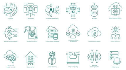 Canvas Print - AI and Cloud Computing Comprehensive Vector Icons Set:  Brain, AI Camera, Driven Automation, AI Ethics, AI Robot, Serverless Computing, Artificial Neural Network, Big Data Analytics vector icon set