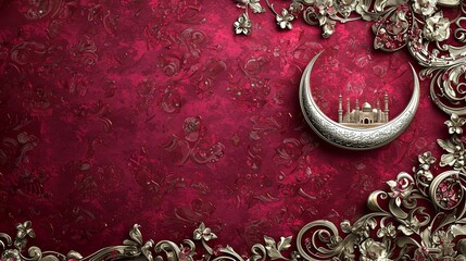 Wall Mural - A silver crescent moon with a mosque silhouette on an ornate red background, ideal for cultural and festive designs.