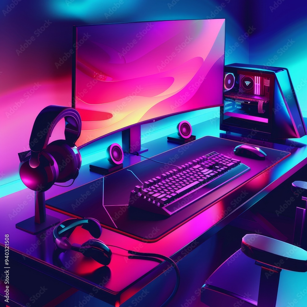 Picture of A minimalist gaming setup with a vibrant color scheme, featuring a ...