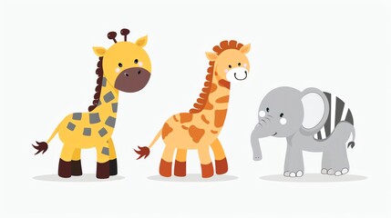 Wall Mural - Three cute cartoon animals: a giraffe, a giraffe, and an elephant.