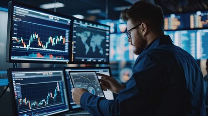 Poster - Financial analyst standing next to multi-monitor workstation, using laptop computer with real-time stock market data displayed on screens – professional workspace for financial analysis and trading
