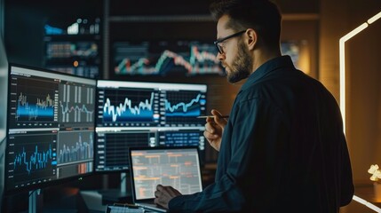 Poster - Financial analyst standing next to multi-monitor workstation, using laptop computer with real-time stock market data displayed on screens – professional workspace for financial analysis and trading