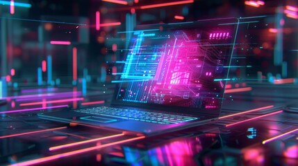  - Futuristic technology concept featuring a laptop with neon colors and digital design elements, ideal for modern tech illustrations and innovations