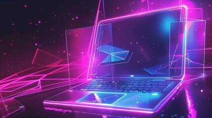  - Futuristic technology concept featuring a laptop with neon colors and digital design elements, ideal for modern tech illustrations and innovations