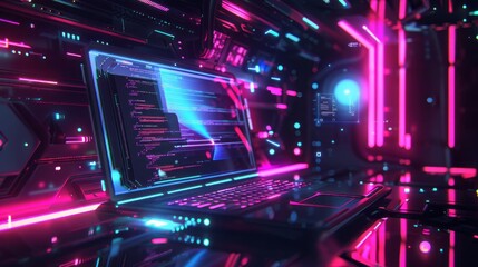  - Futuristic technology concept featuring a laptop with neon colors and digital design elements, ideal for modern tech illustrations and innovations