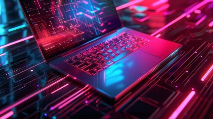  - Futuristic technology concept featuring a laptop with neon colors and digital design elements, ideal for modern tech illustrations and innovations